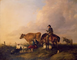 Paisagem costeira com figuras e animais